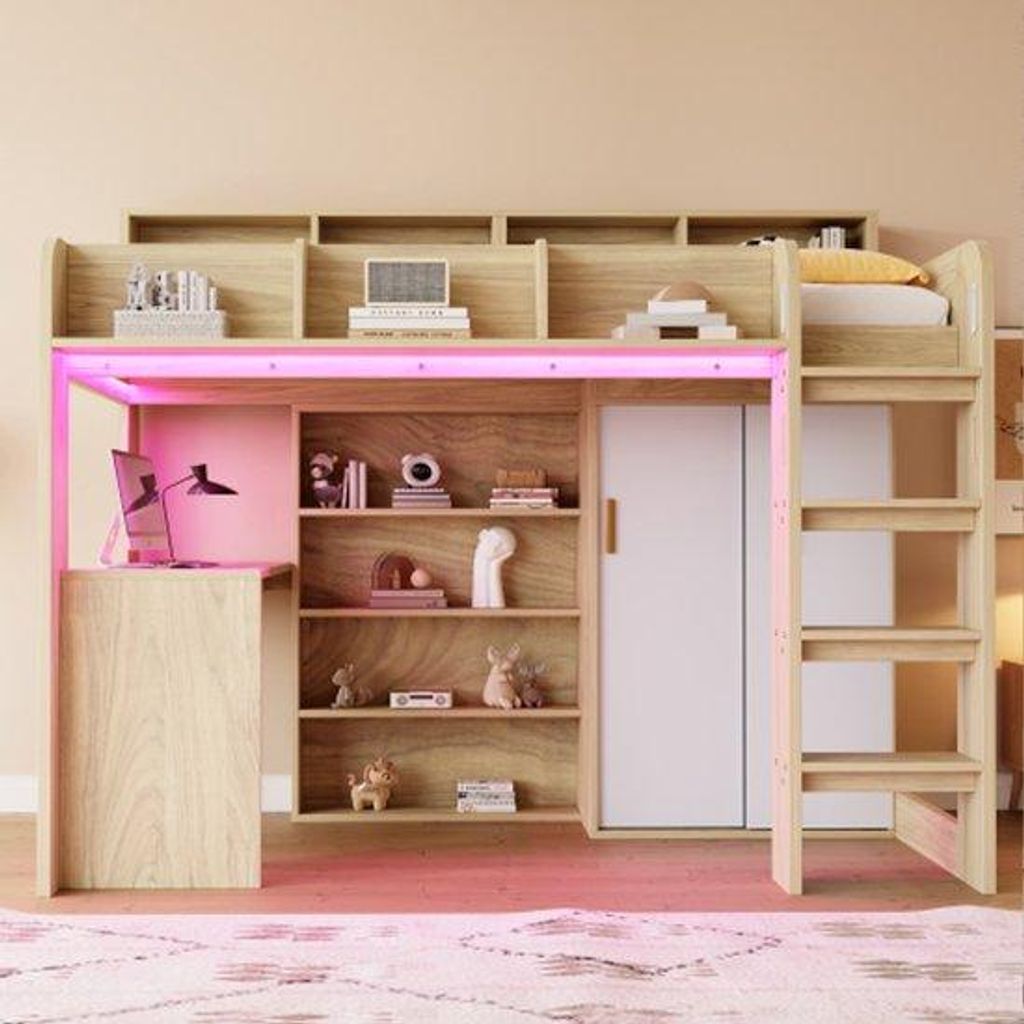 Gesamtbedarfsliegebett 90 × 200 cm, mit Schreibtisch, Kleiderschrank, Aufbewahrungsregal, Aufbewahrungsfächern, LED-Beleuchtung und Steckdose, mi...