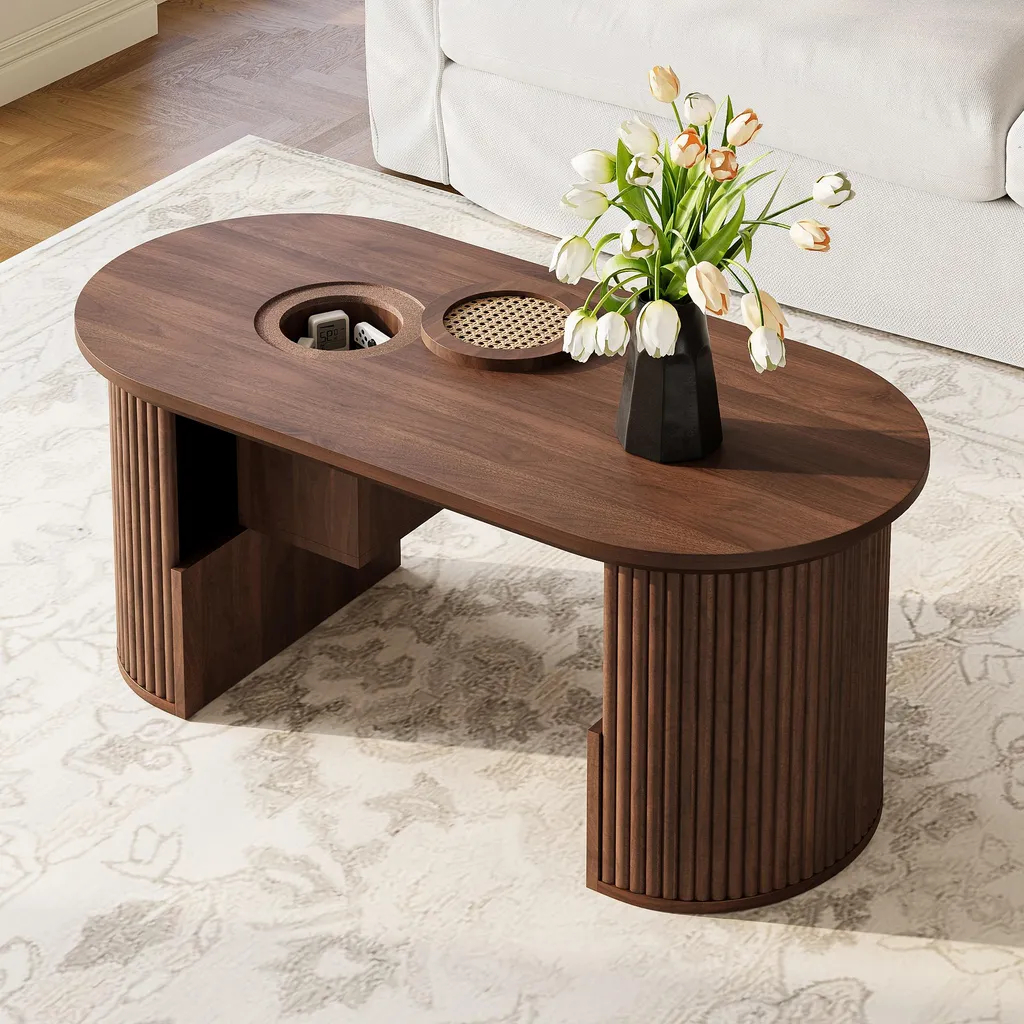Table de salon ovale avec étagères et compartiments effet noyer brun - 4