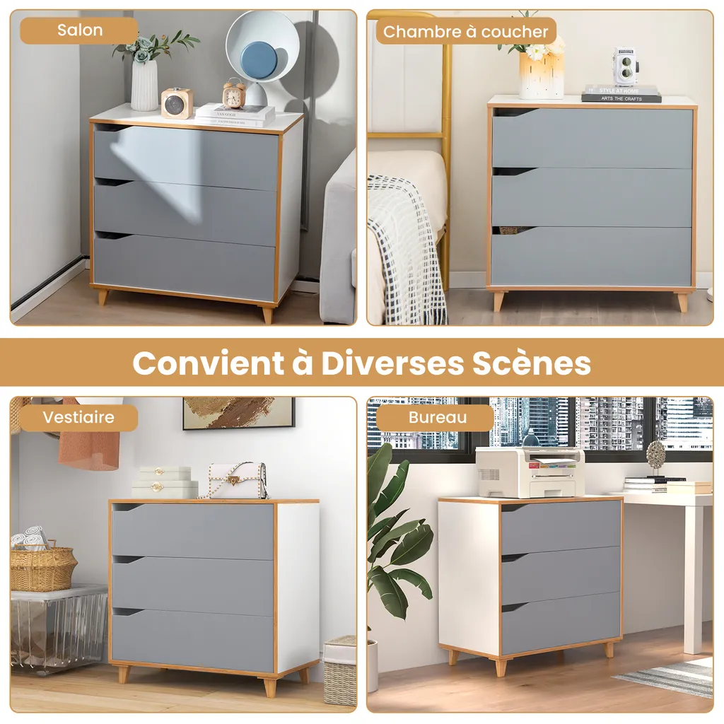 Commode 3 tiroirs avec poignées intégrées et sécurité anti-basculement - 4