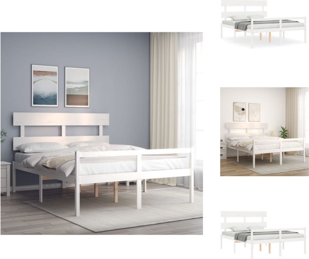 vidaXL Massivholzbett mit Kopfteil Weiß 160x200 cm - Betten & Bettgestelle