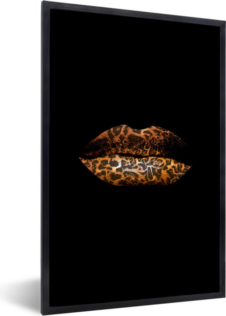 MuchoWow MuchoWow Gerahmtes Poster Lippen - Tigerdruck - Schwarz 60x90 cm - Poster mit zchwarzem Bilderrahmen - Kunst