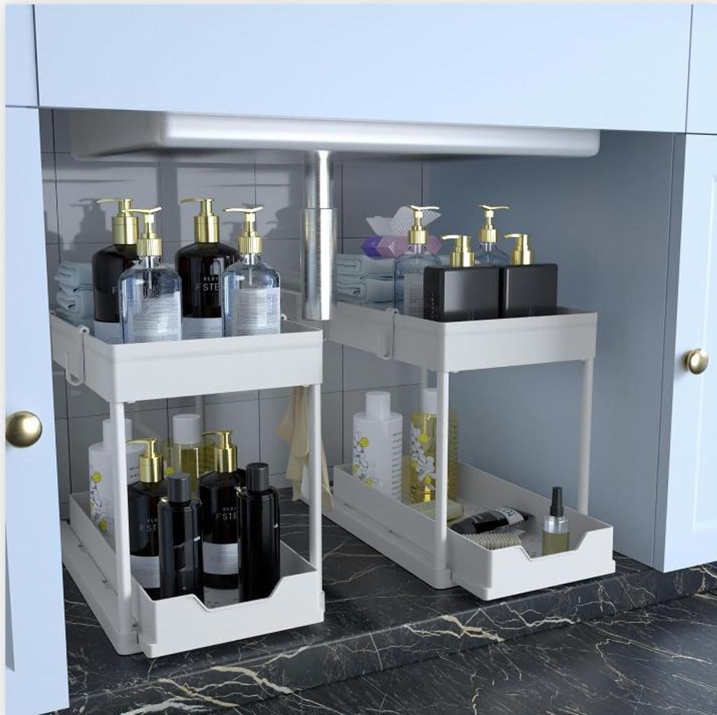 Küchen Organizer, 2 Unter Waschbecken Regal, Schrank Küchenorganizer mit 4 Haken, Schrankkorb für Küche, Bad(weiß)