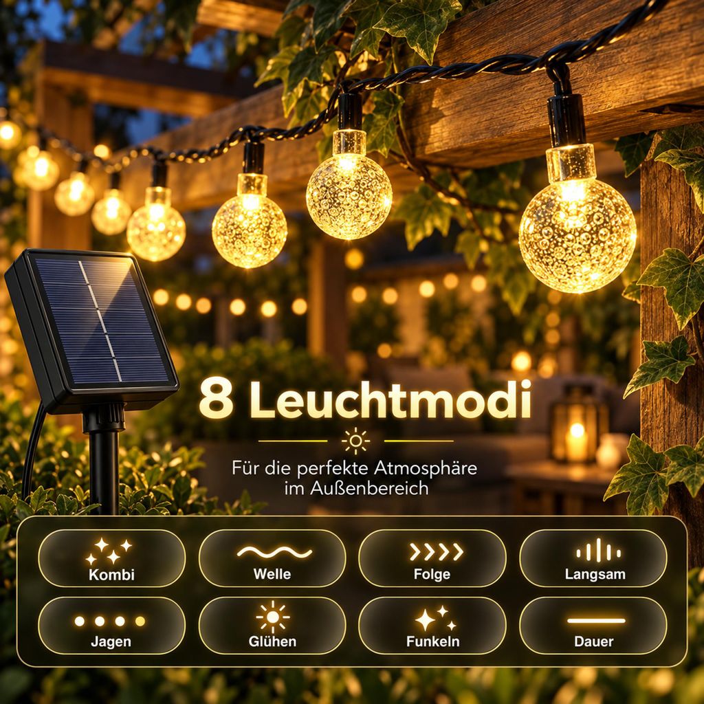 9.5M Solar LED Lichterkette Warmweiß Weihnachten Party Deko