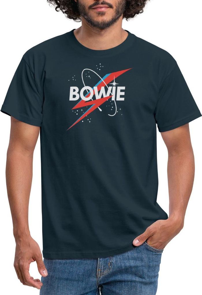 Spreadshirt David Bowie Schriftzug Sternenhimmel Mit Blitz Männer T-Shirt, L, Navy