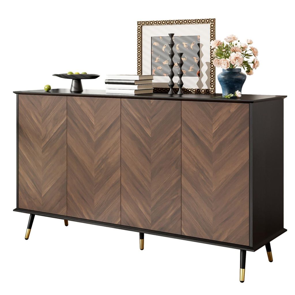 Modernes Sideboard mit Fischgrätmuster – Buffet Schrank mit 4 Türen & höhenverstellbaren Regalen–MDF Holz+Metallfüße–Stauraum für Wohnz...