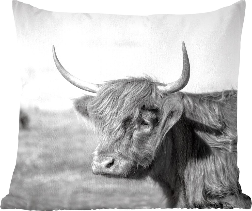 MuchoWow Zierkissen Sofakissen Wohnzimmer Dekokissen 40x40 cm Schottisches Hochlandrind - Tiere - Schwarz - Weiß - Foto Kissen - Schlafzimmer De...