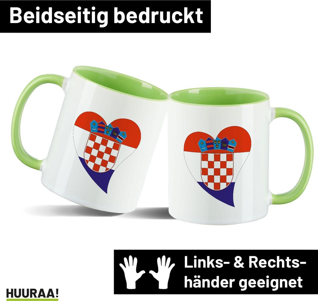 Huuraa Kaffeetasse Kroatien Flagge Herz 330ml Grün Keramik Kaffeebecher Geschenkidee