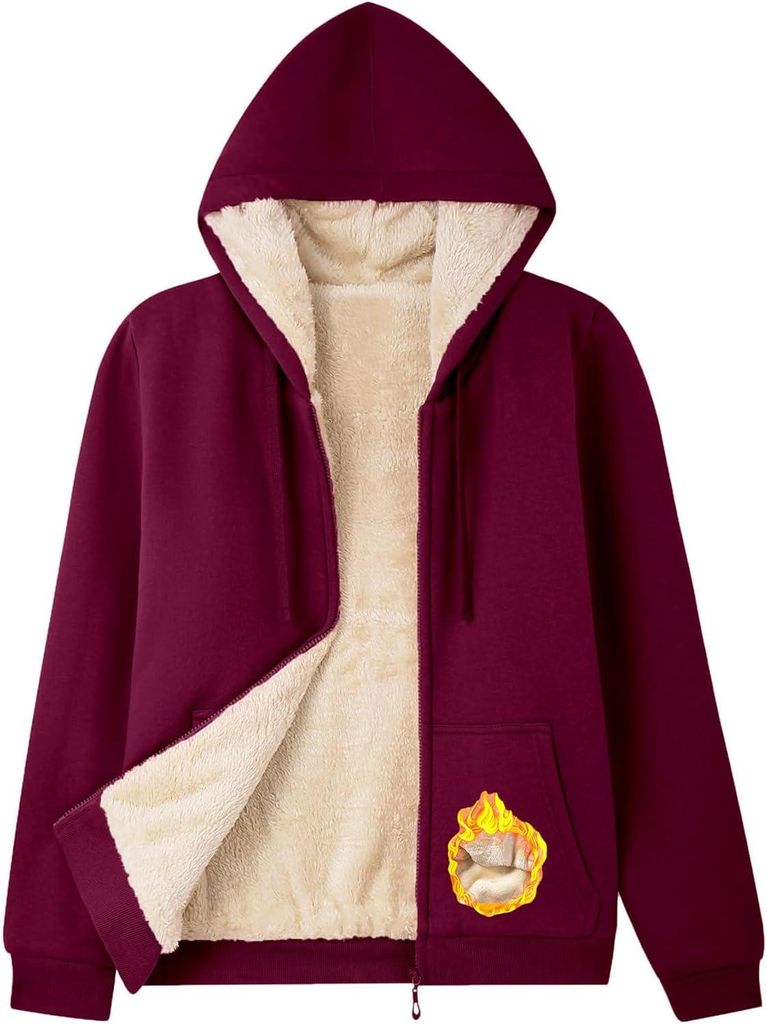 ASKSA Damen Sweatjacke Gefuettert Warme Winter Zipper Jacke Fleecejacke Winterjacke Hoodie mit Kapuze (Weinrot,S)
