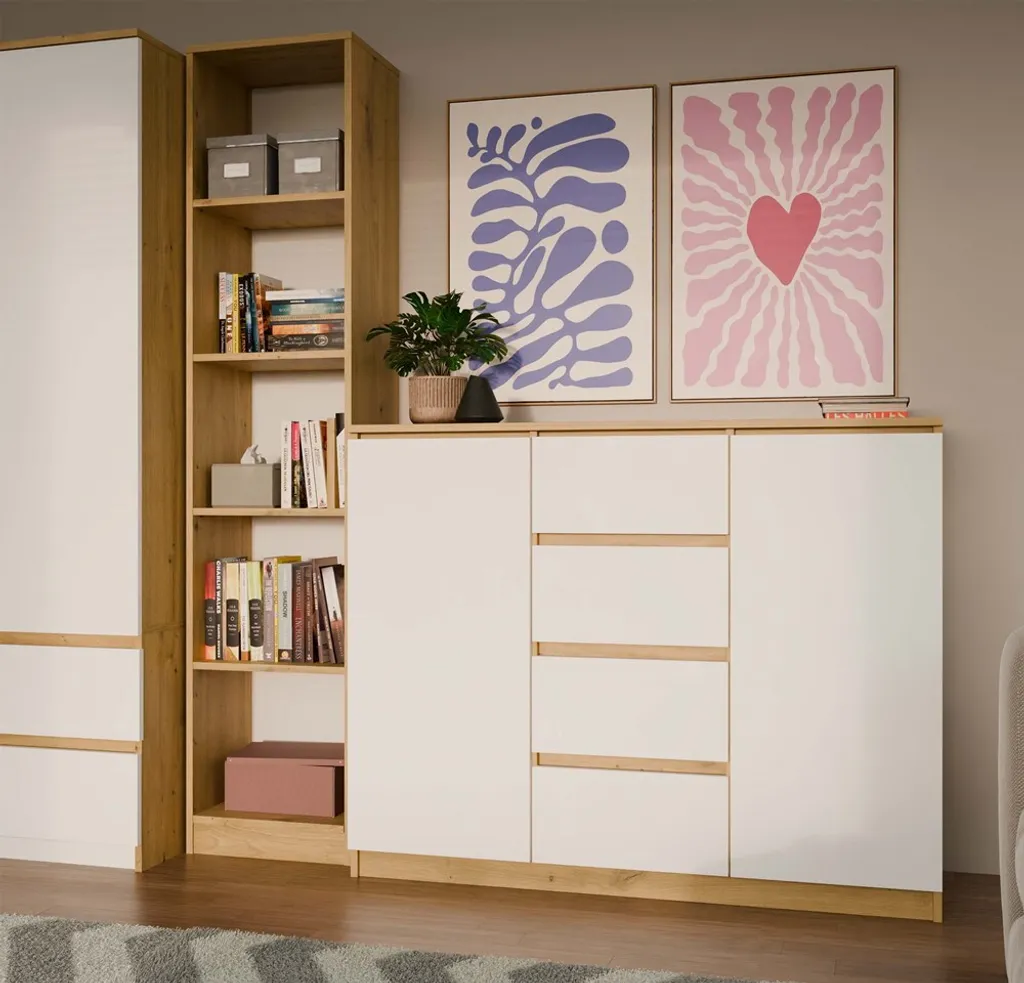 Commode large ELBE chêne artisanal et blanc pour chambre moderne - 3