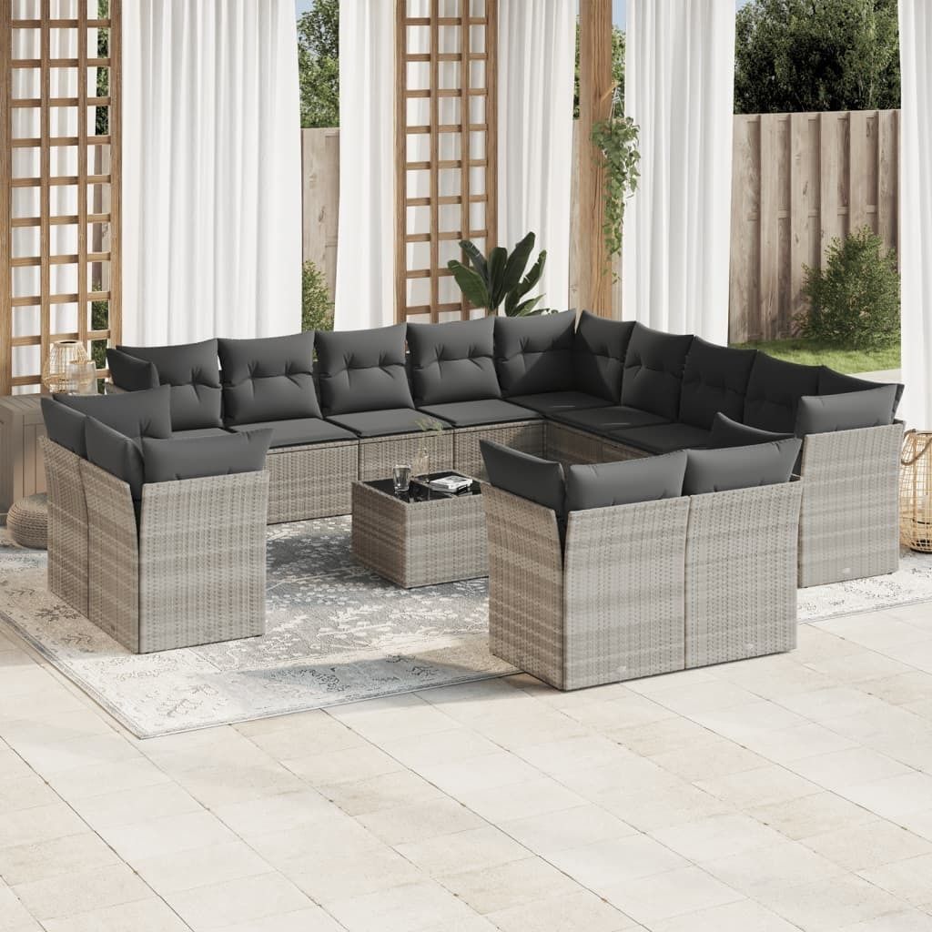 Industrie-Stil 14-tlg. Garten-Sofagarnitur Sofa Set mit Kissen Hellgrau Poly Rattan Terrassenmöbel2024 cloris