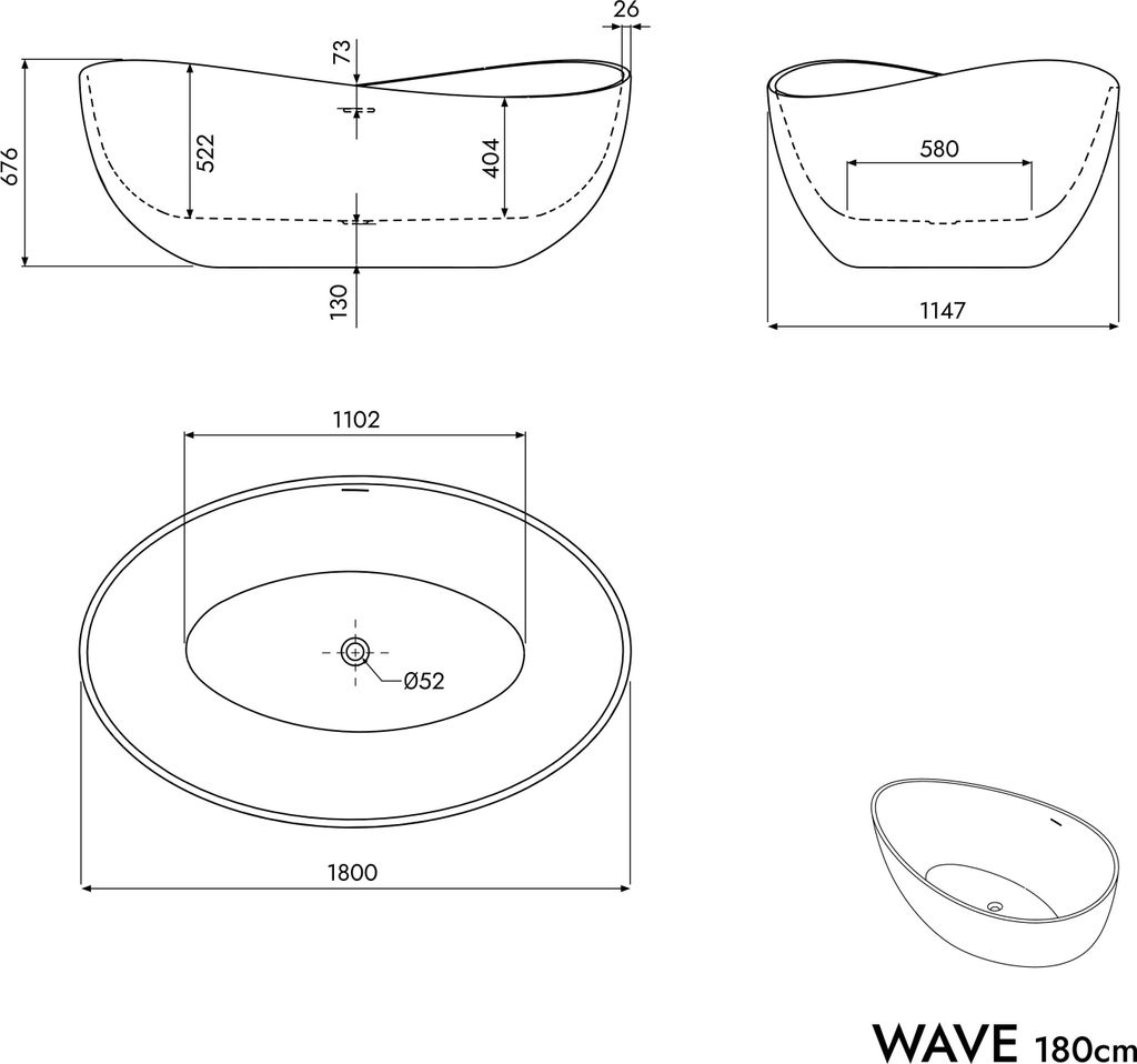 Freistehende Badewanne WAVE - Acryl - Weiß - 180 x 115 x 68 cm - Oberfläche wählbar, Farbe:Weiß matt