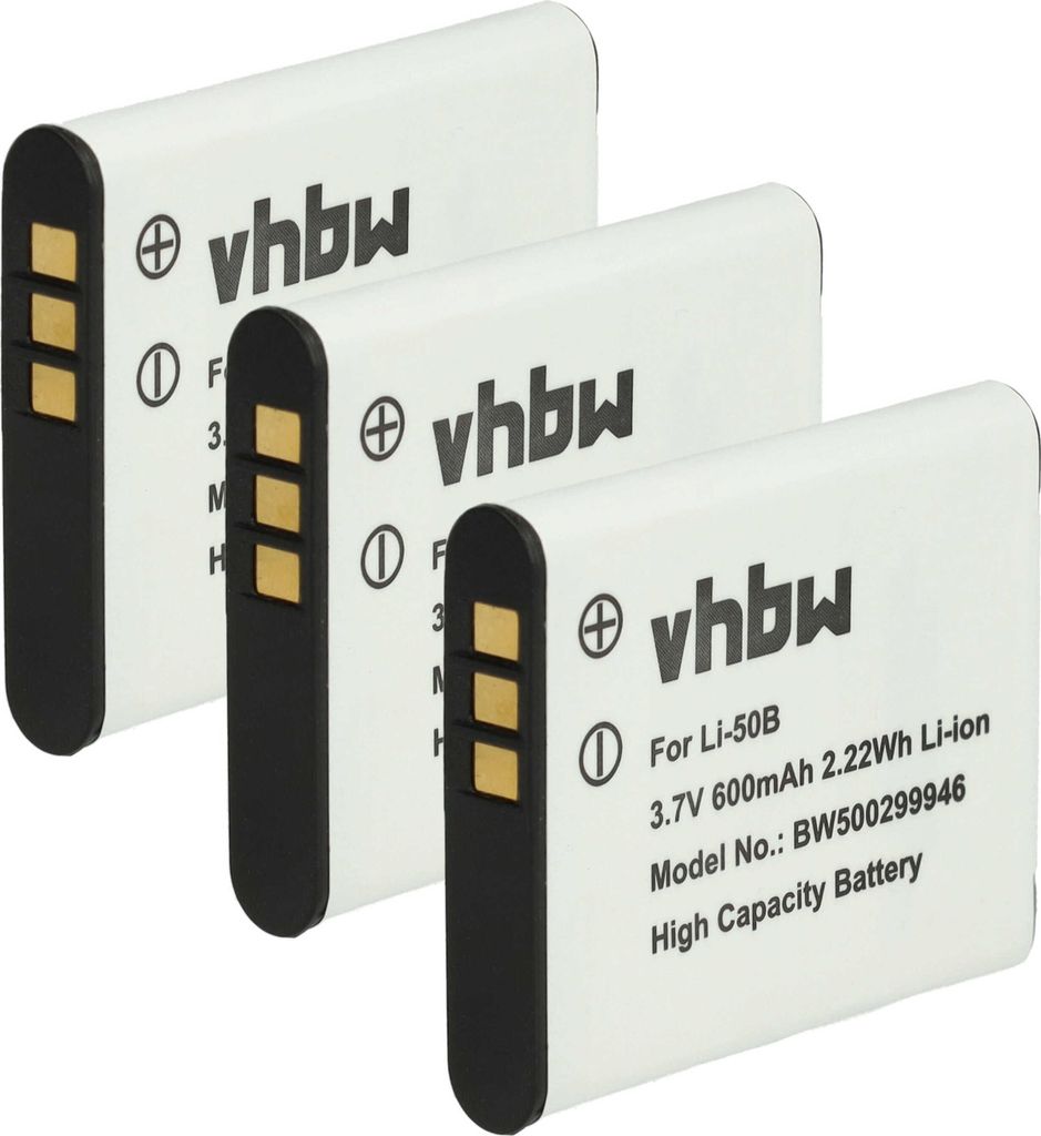 vhbw 3x Akku kompatibel mit Ricoh WG-5 GPS, WG-7, WG-80, WG50, WG-50, WG-4 GPS, WG-6, WG-70, WG-60 Kamera (600 mAh, 3,7 V, Li-Ion)