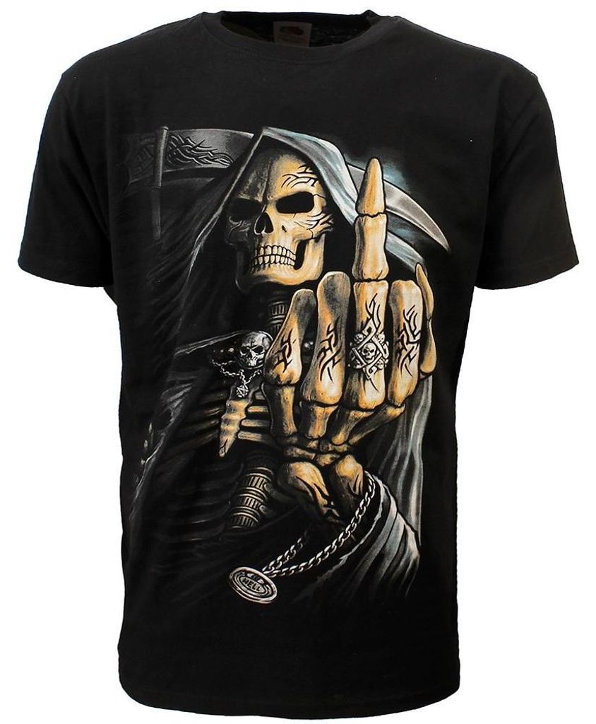 Grim Reaper Tribal Mittelfinger T-Shirt Schwarz - XXXL