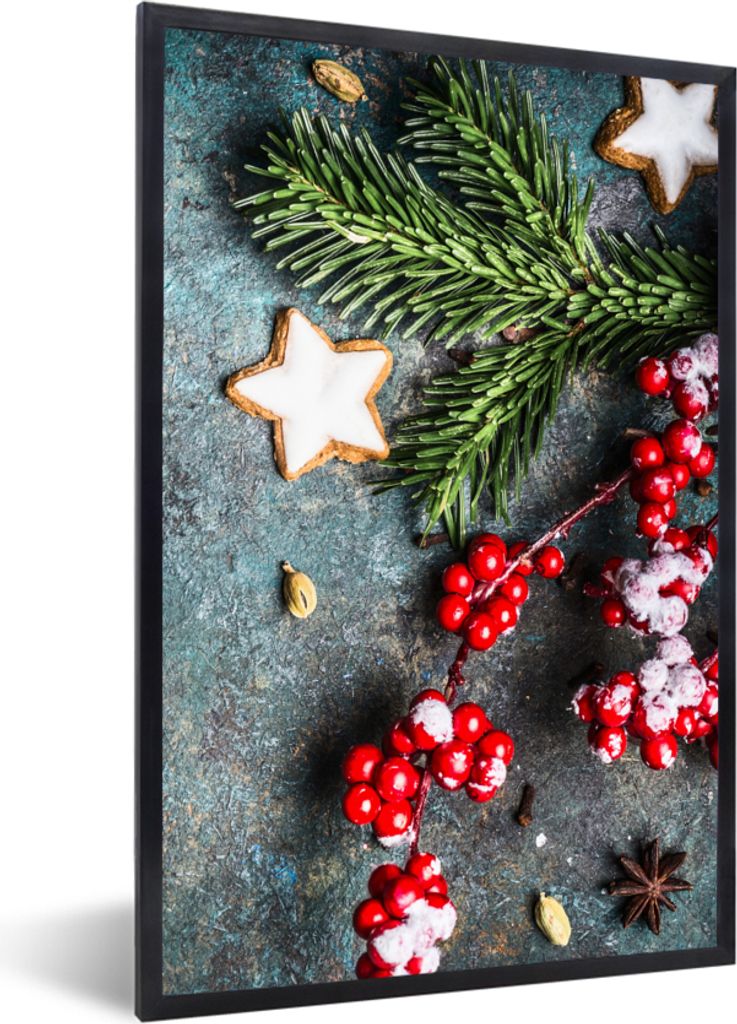 MuchoWow Gerahmtes Poster Weihnachten - Rustikal - Zweige - Sternanis - Beeren - Rot 20x30 cm - Poster mit Schwarzem Bilderrahmen Wandposter Rahm...