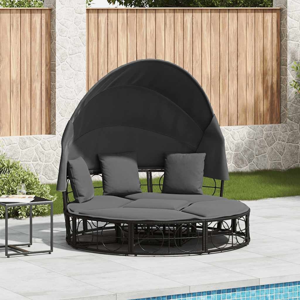 "2026 Promotion" Sonnenliege 1 Person, Outdoor-Loungebett, mit Dach und Kissen Schwarz Poly Rattan - Liegestuhl CC25831