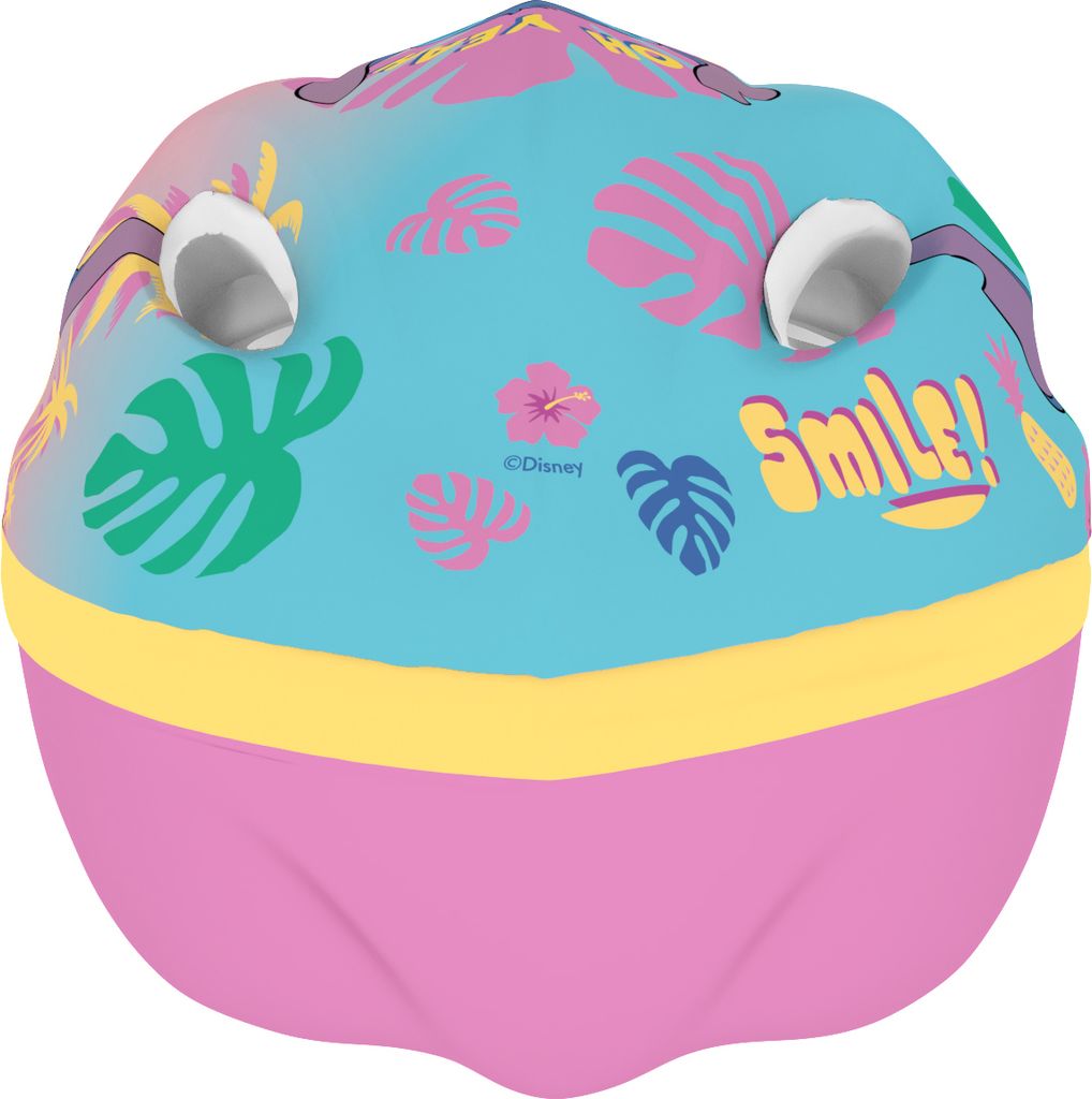 A close-up, top-down view of a colorful children's helmet with a tropical leaf and flower pattern.