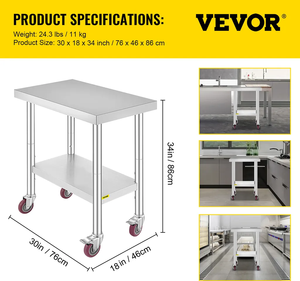 Table de découpe inox 76x45 cm avec étagère réglable et 4 roulettes - 7