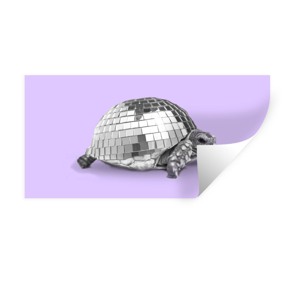 MuchoWow Wandtattoo Wandsticker Wandaufkleber Schildkröte - Discokugel - Disco - Tier - Lila 40x20 cm Selbstklebend und Repositionierbar - Aufkl...