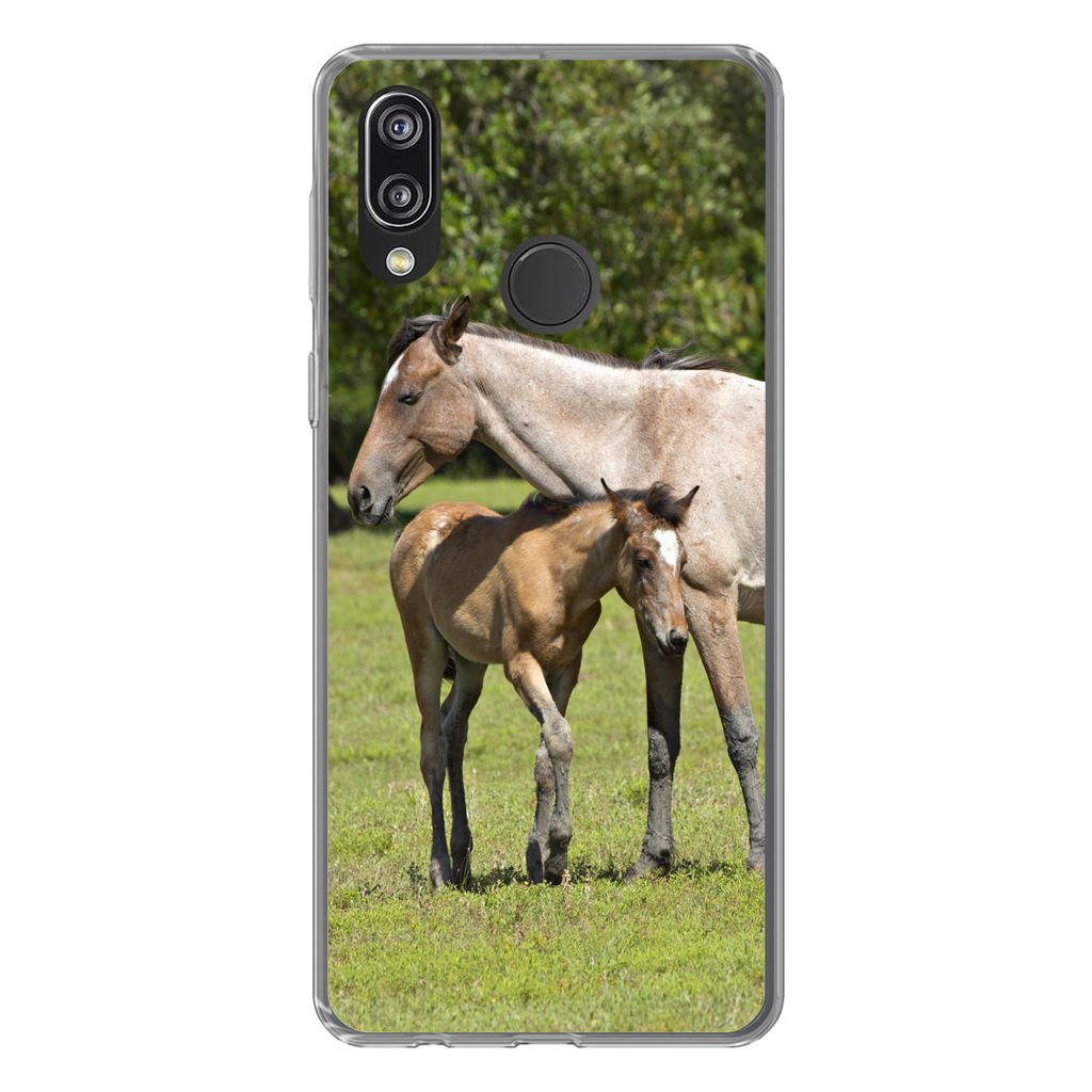 MuchoWow Handyhülle Schutzhülle Hülle für Huawei P20 Lite (2020) Pferde - Gras - Schatten Silikon Softcase Handy Hülle - Kartenhalter