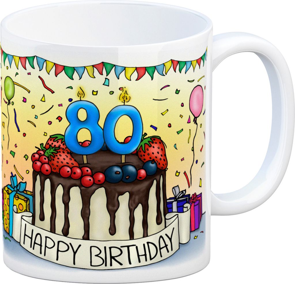 80. Geburtstag Tasse mit Kuchen und Geschenk und Anhänger: zum 29220. Tag