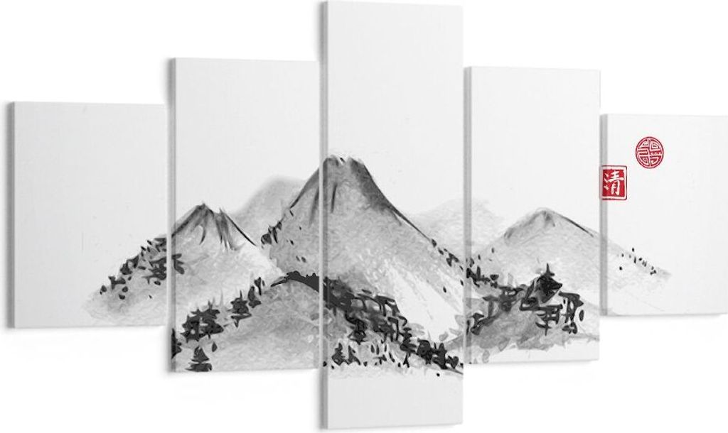 Bild auf Leinwand - Leinwandbild - 5 Teile - Zeichnen Asien Berge - 125x70cm - Wand Bild - Wanddeko - Wandbilder - Leinwanddruck - Bilder - Wanddek...