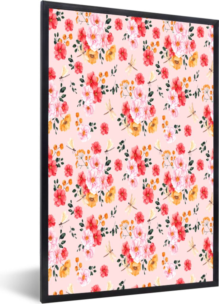 MuchoWow MuchoWow Gerahmtes Poster Blumen - Rosen - Muster 60x90 cm - Poster mit zchwarzem Bilderrahmen - Kunst