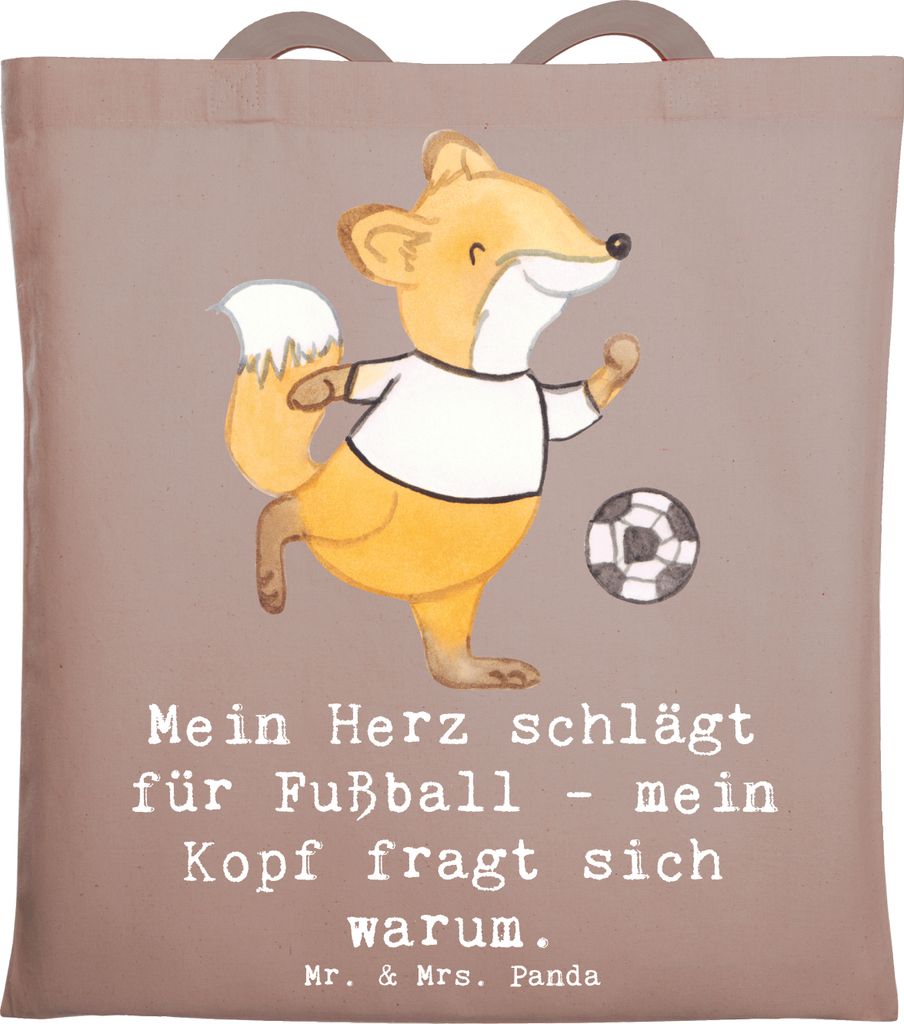 Mr. & Mrs. Panda Tote Bag Fußball Liebe - Braun Pastell - Geschenk, Herz schlägt für, Sportler, Tasche, Unitasche, Verstand, Leidenschaft, Schul...
