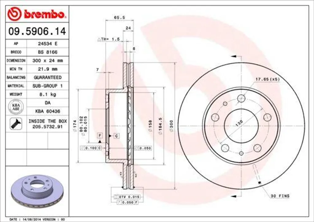 Brembo 09.5906.14 Disque de Frein OE 4246K3 pour Fiat Ducato Haute Qualité