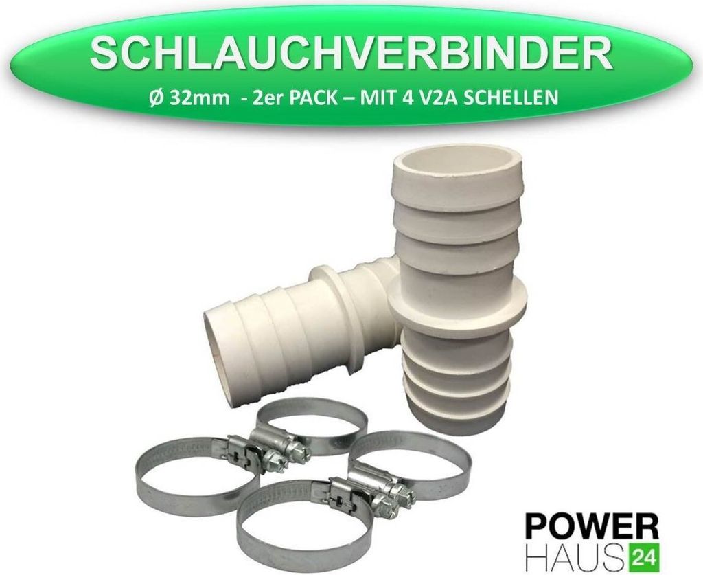 POWERHAUS24 - Schlauchverbinder - 2er Pack mit 4 V2A Schellen - Ø 32 mm - PH24_412000905