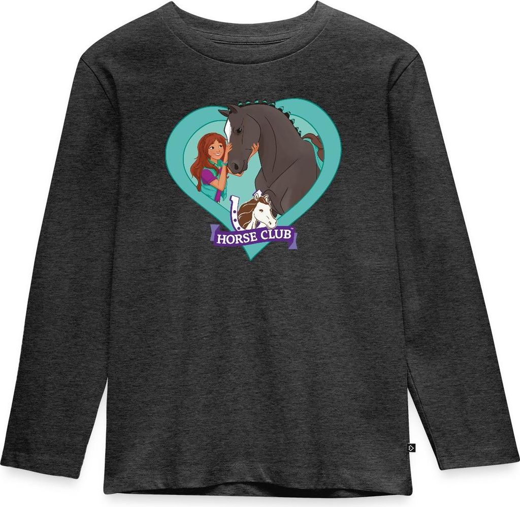 Spreadshirt Schleich Horse Club Lisa & Storm Herzmotiv Kinder Premium Langarmshirt, 134/140 (8 Jahre), Anthrazit meliert