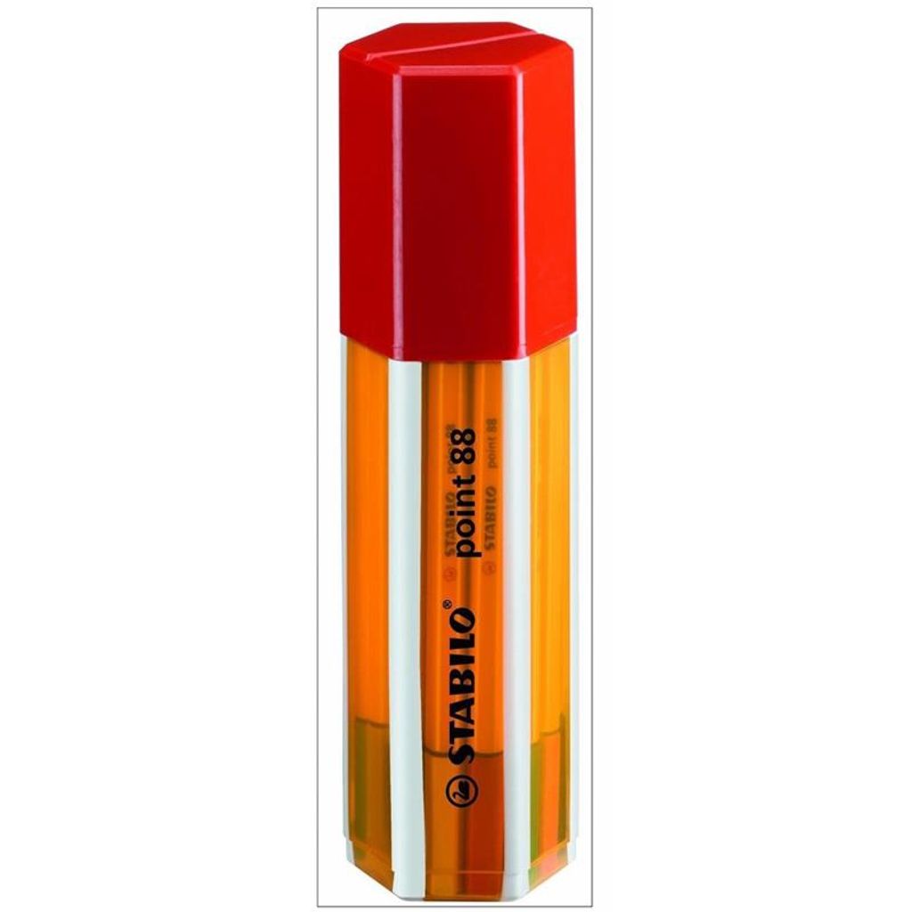 A single STABILO Fineliner point 88 pen with a red cap and an orange barrel, standing upright against a white background.