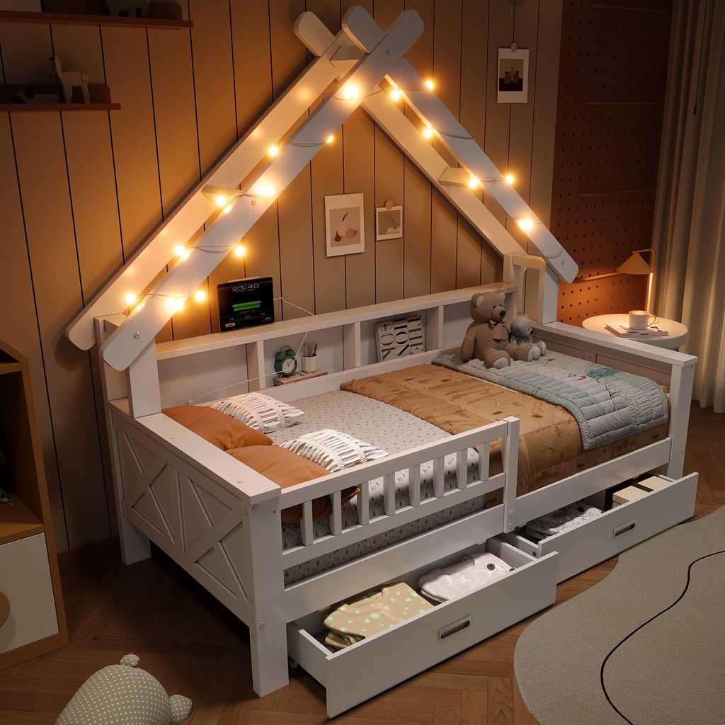 Huisbed 90x200 cm met LED-verlichting, planken, 2 laden en Productafbeelding 