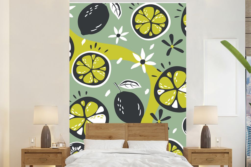 MuchoWow Fototapete für Wohnzimmer oder Schlafzimmer Wandtapete Vinyl Motivtapete Sommer - Obst - Blumen - Grau - 155x240 cm - Tapete