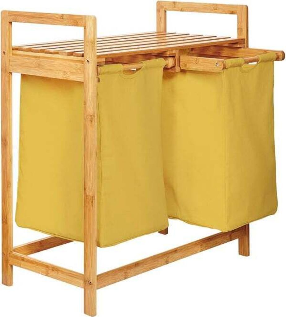 A wooden laundry basket with two yellow fabric bags and a slatted top shelf.