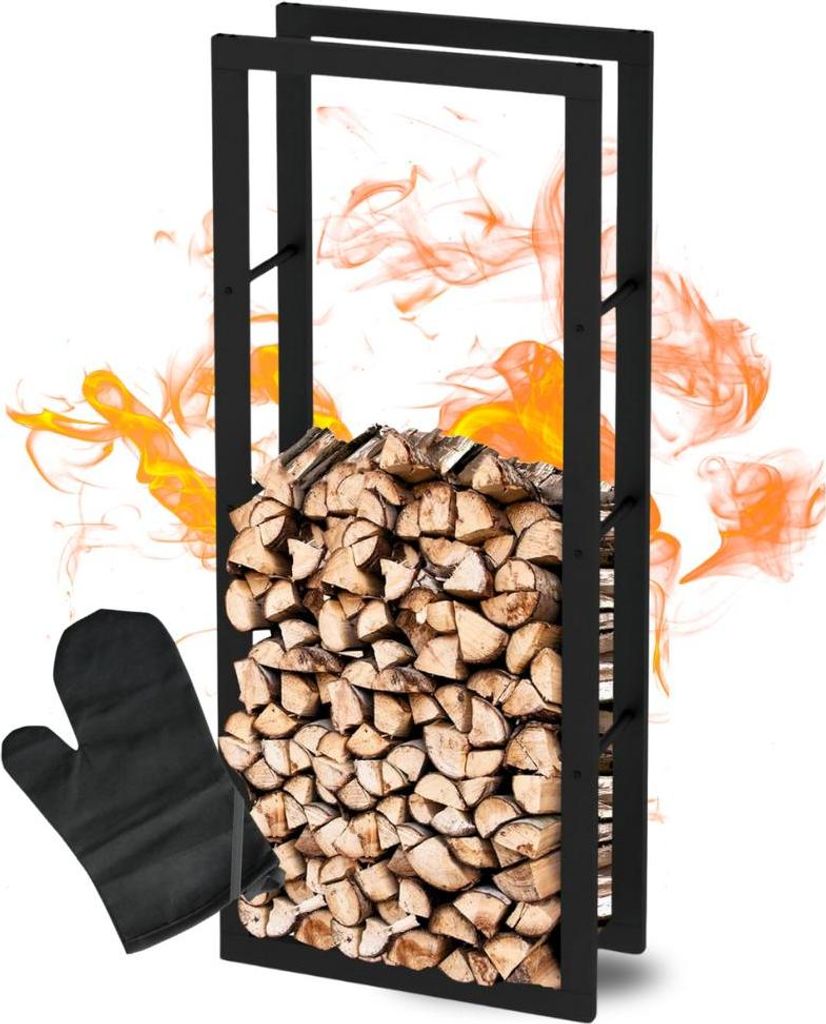 DELUKE Kaminholzregal innen Metall KEOP | Schwarz | 60x25x150cm | Brennholzregal Inkl. Ofenhandschuh | Feuerholzregal Kaminholzhalter Holzstände...