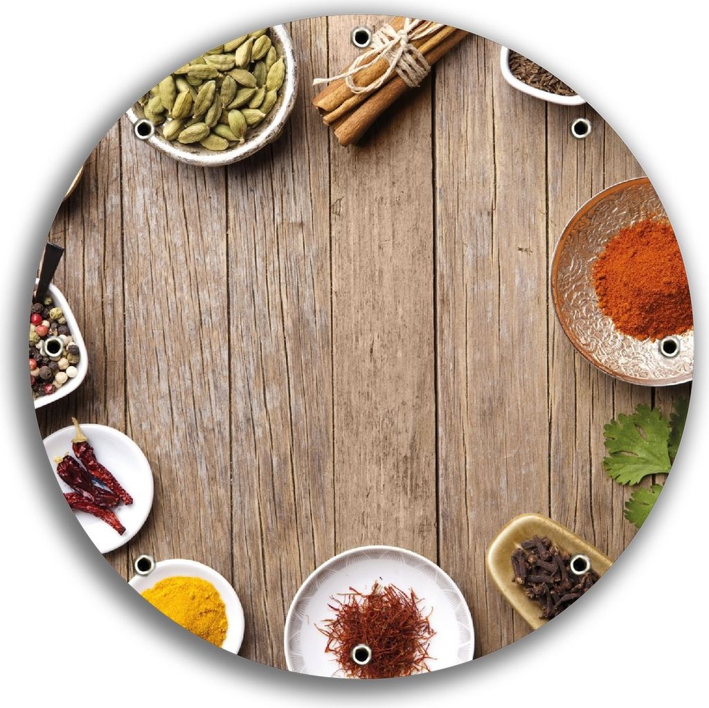 Wallario rundes Outdoor-Poster für Garten oder Balkon, Motiv Gewürze in Schüsseln auf einem alten Holztisch in der Küche, 30 cm Durchmesser