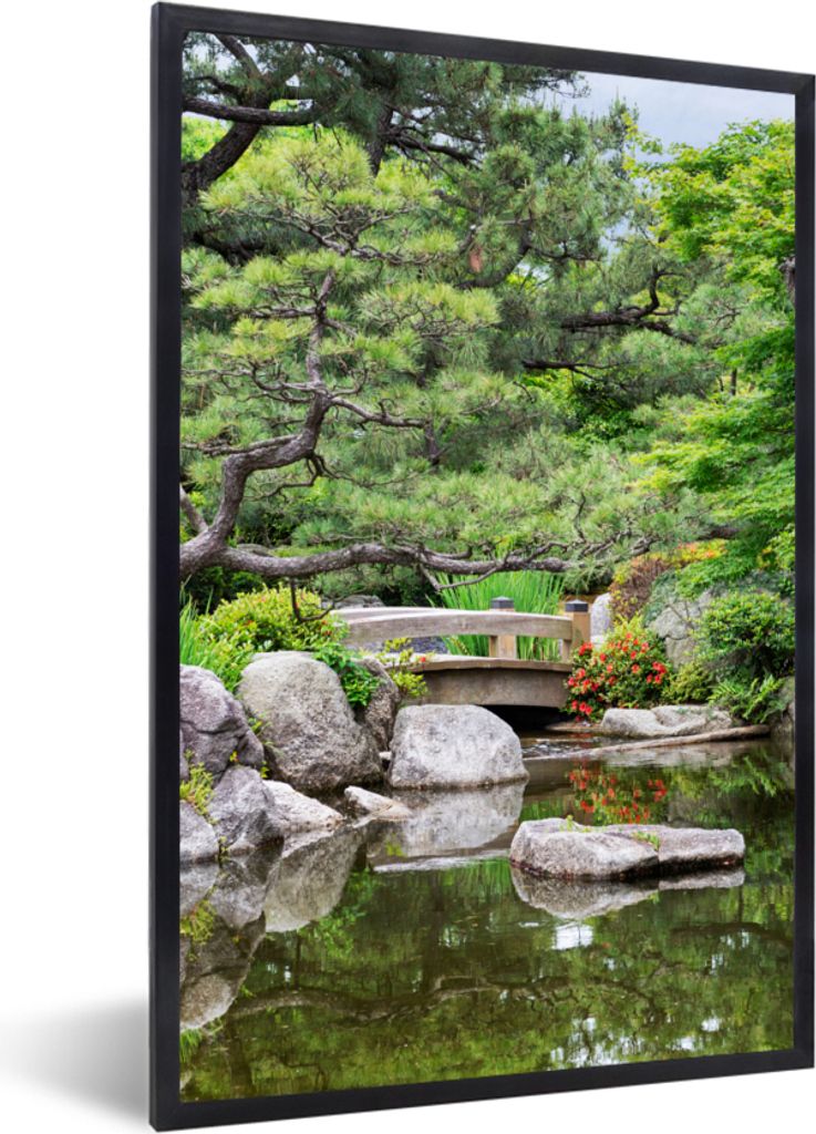 MuchoWow Gerahmtes Poster Japanisch - Natur - Wasser - Steine - Bäume 40x60 cm - Poster mit Schwarzem Bilderrahmen Wandposter Rahmen Foto Bilder...