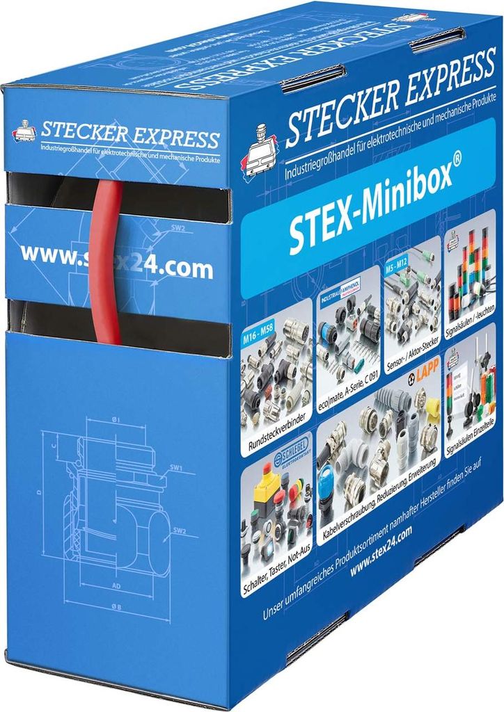STEX24 Schrumpfschlauch 3:1, Minibox mit 8,3m, rot 6,0/2,0mm, 1/4 Zoll, WSB3 Schrumpftemperatur mind. 70°C, vollständig