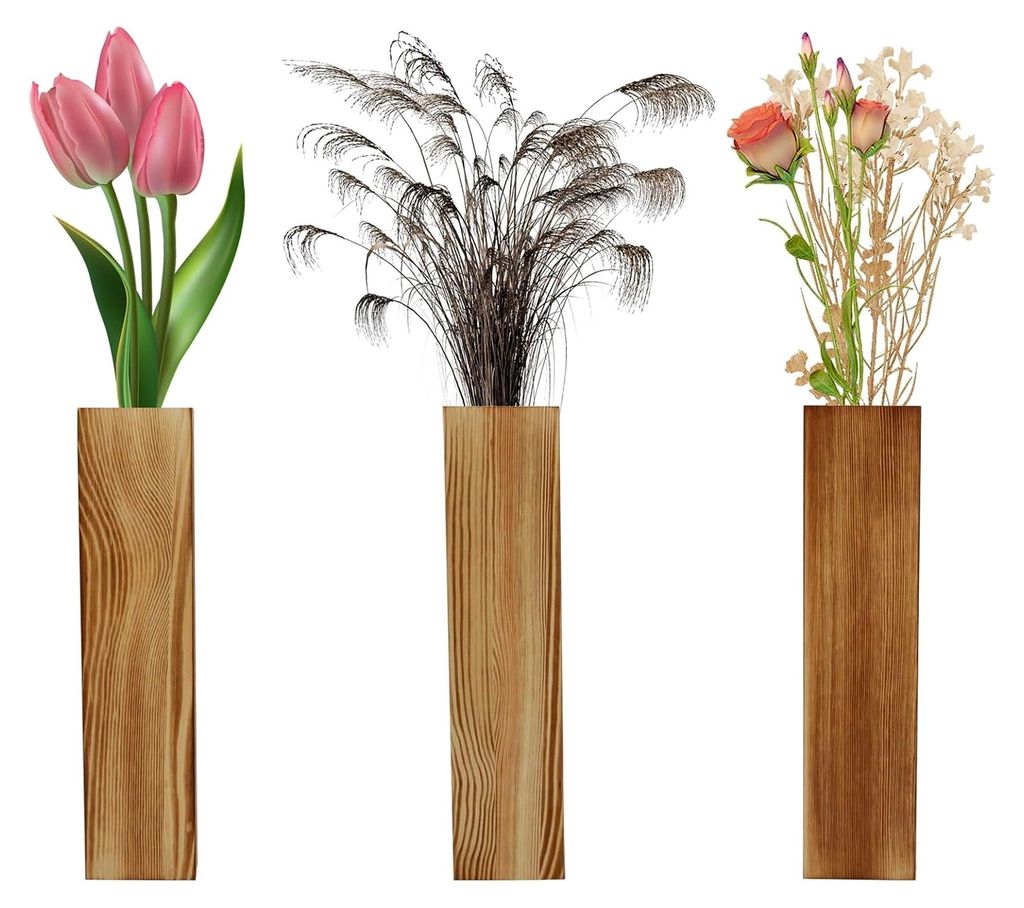 Moderne Wandvasen aus Holz für Zimmerpflanzen, 3 Stück, 2,5 x 5,6 x 29,5 cm, Innenmaße 2,5 x 5,6 x 29,5 cm, Wandgefäß für Trockenblumen und G...