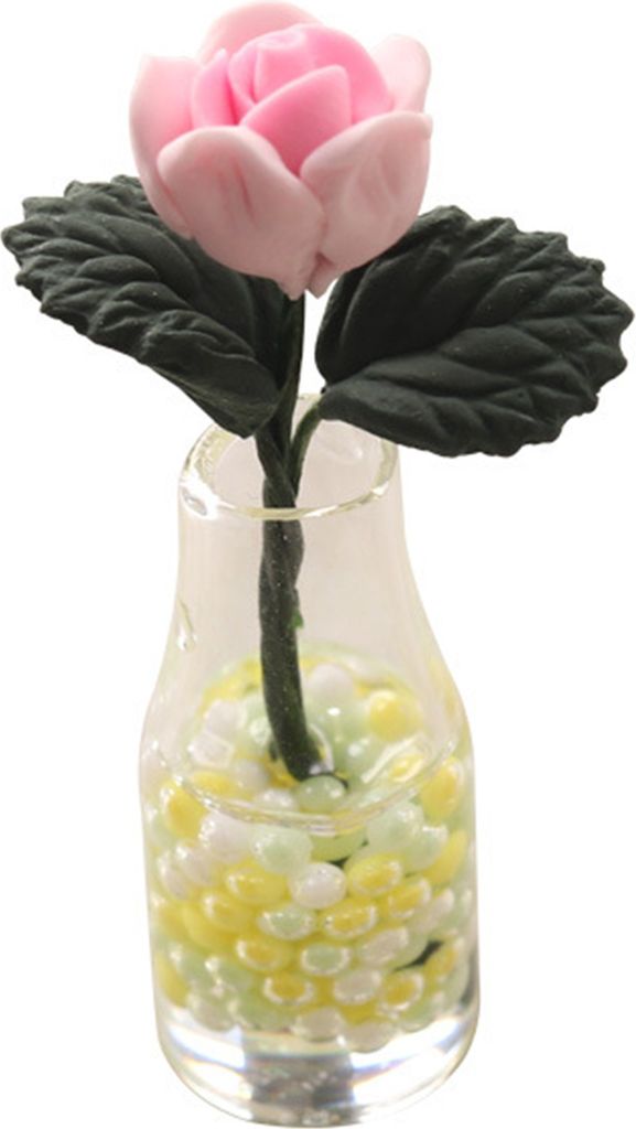 1/12 Skala Dollhouse Miniatur Rose Vase Topf Pflanze Realistische Hausgarten Dekor Spielzeug Bonsai Pflanzenmodell-Rosa