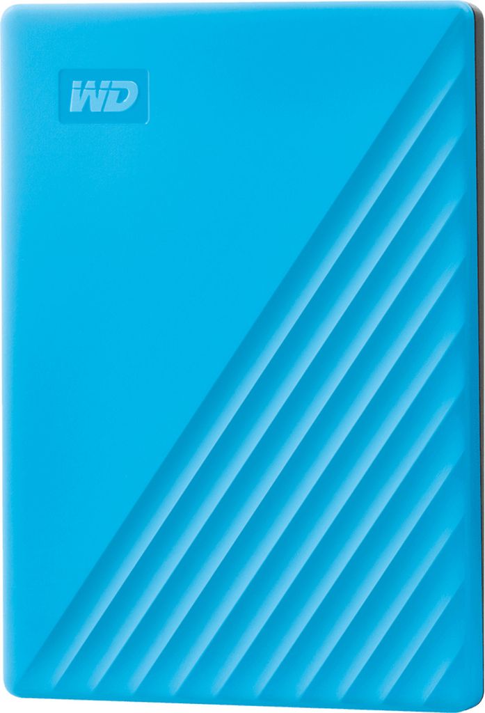A blue external hard drive with a diagonal ribbed pattern on the right side and a WD logo on the top left.