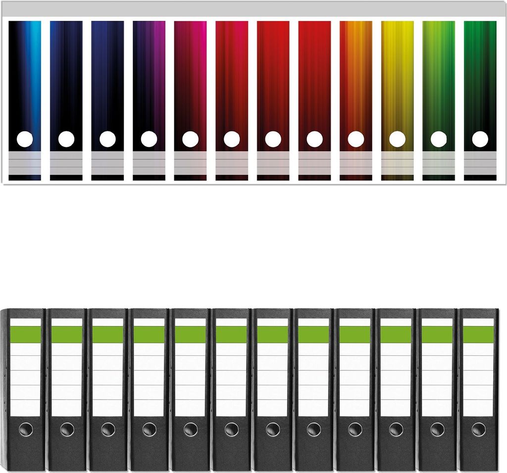 Wallario 12 Stück breite Ordner inkl. Klebeetiketten mit Motive Bunte Regenbogenstreifen auf Schwarz - Set mit Rückenschildern / Ordnerrücken S...