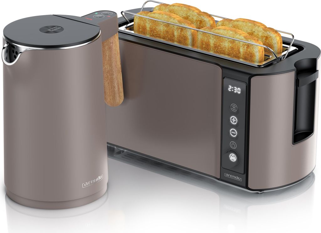 Arendo Frühstücks-Set Edelstahl, Wasserkocher mit Temperatureinstellung 1,5l, 4 Scheiben Langschlitztoaster, 4 Scheiben Toaster, Brötchenaufsatz...