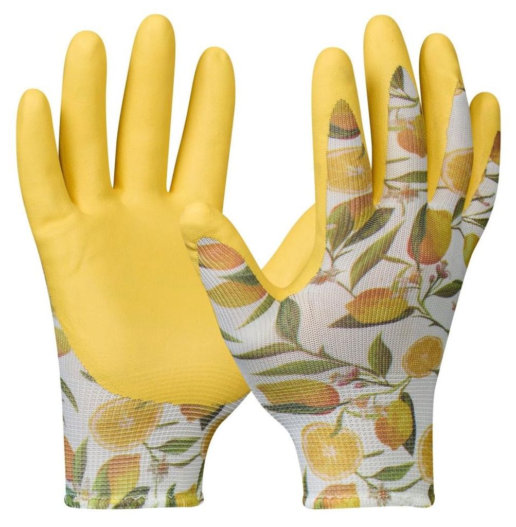 Arbeitshandschuh, Nitrilbeschichtet, Öl- und Wasserabweisend, aus recyceltem Polyester, Zitronenmuster gelb, Größe 7