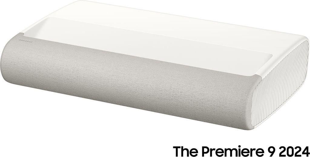A white and gray projector is shown on a white background.