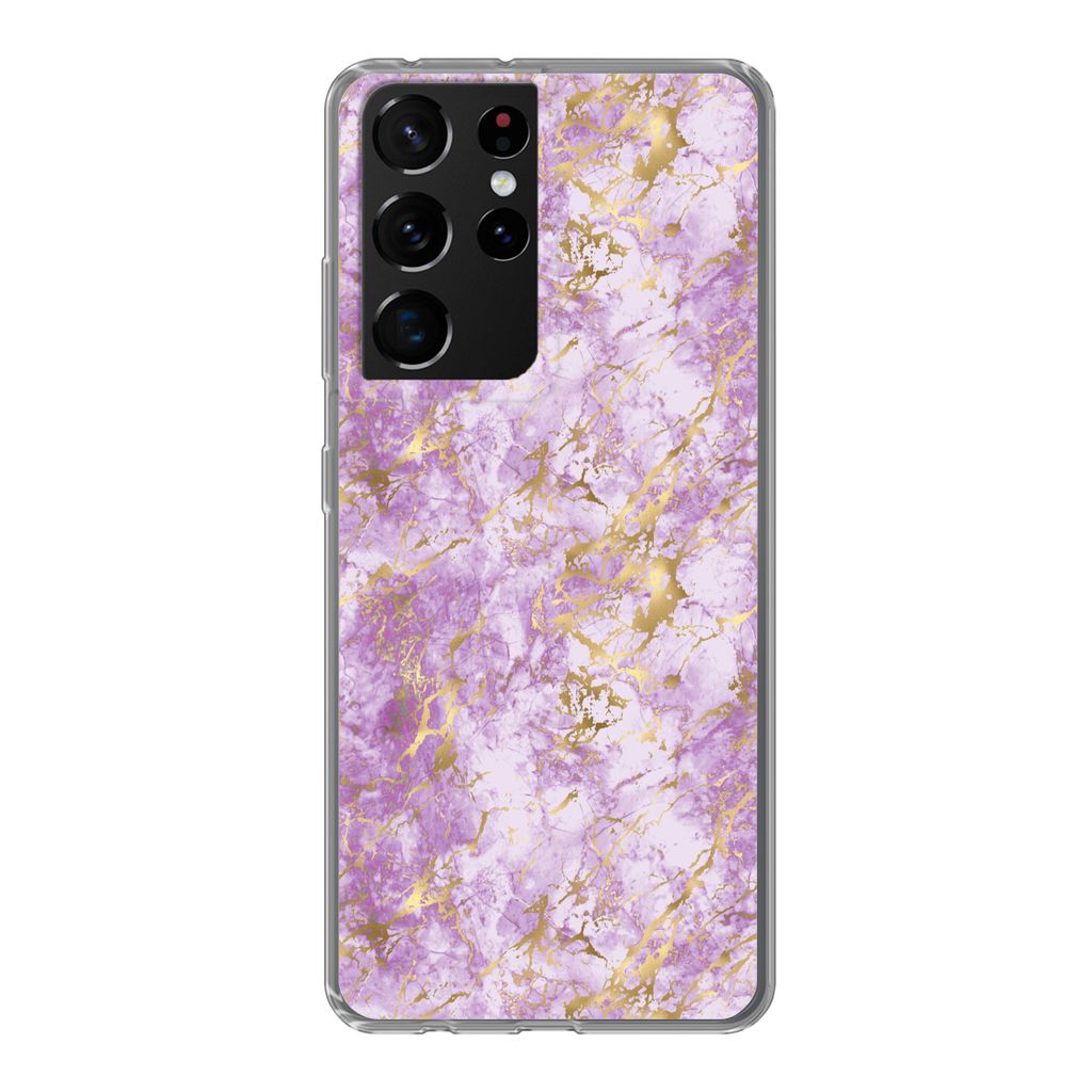 MuchoWow Handyhülle Schutzhülle Hülle für Samsung Galaxy S21 Ultra Gold - Marmor - Muster - Lila Silikon Softcase Handy Hülle - Mobiltelefon