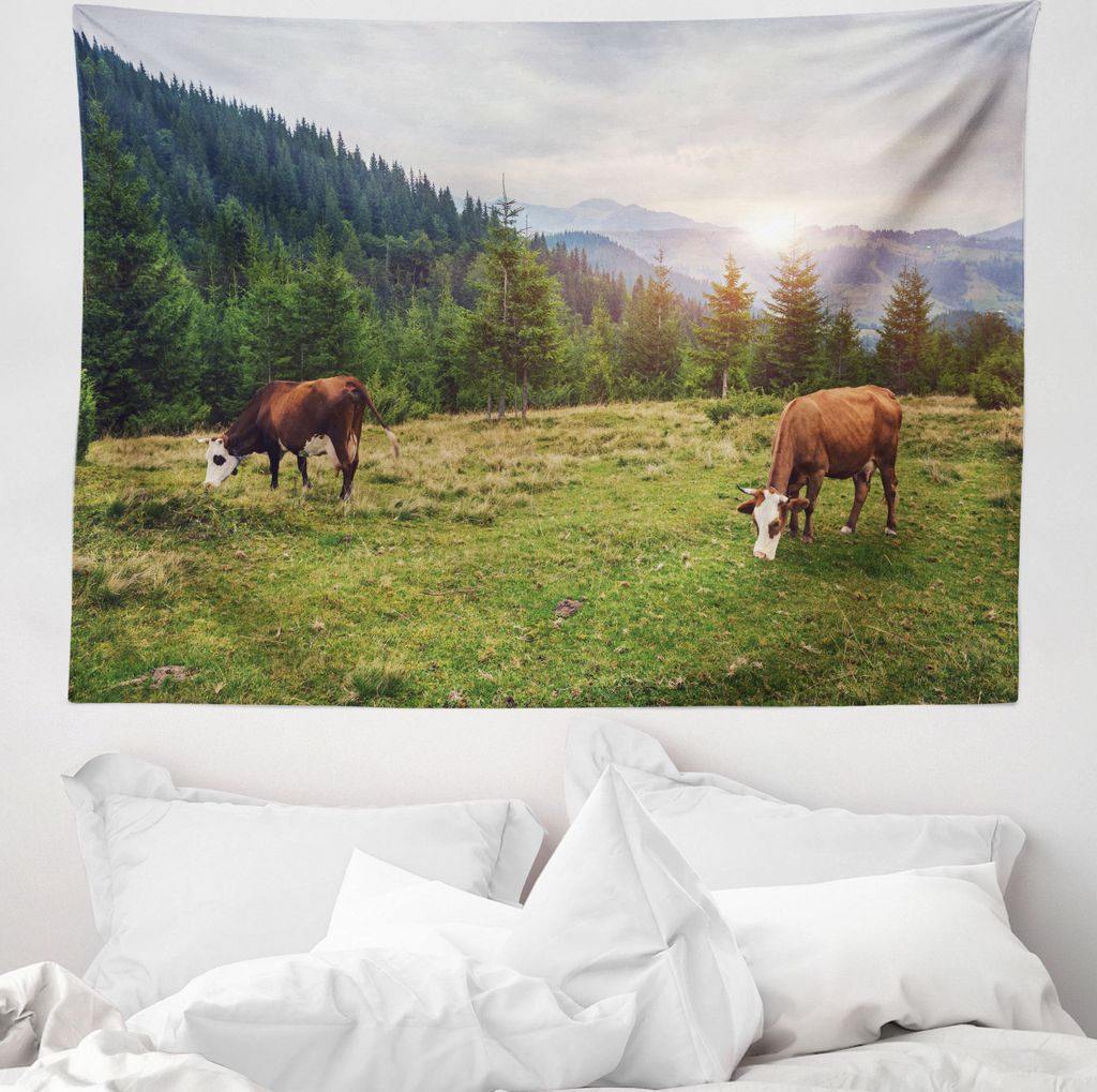 ABAKUHAUS Bauernhoftier Wandteppich, Kühe grasen auf der Wiese aus Weiches Mikrofaser Stoff Waschbar ohne Verblassen Digitaldruck, 150 x 110 cm, M...