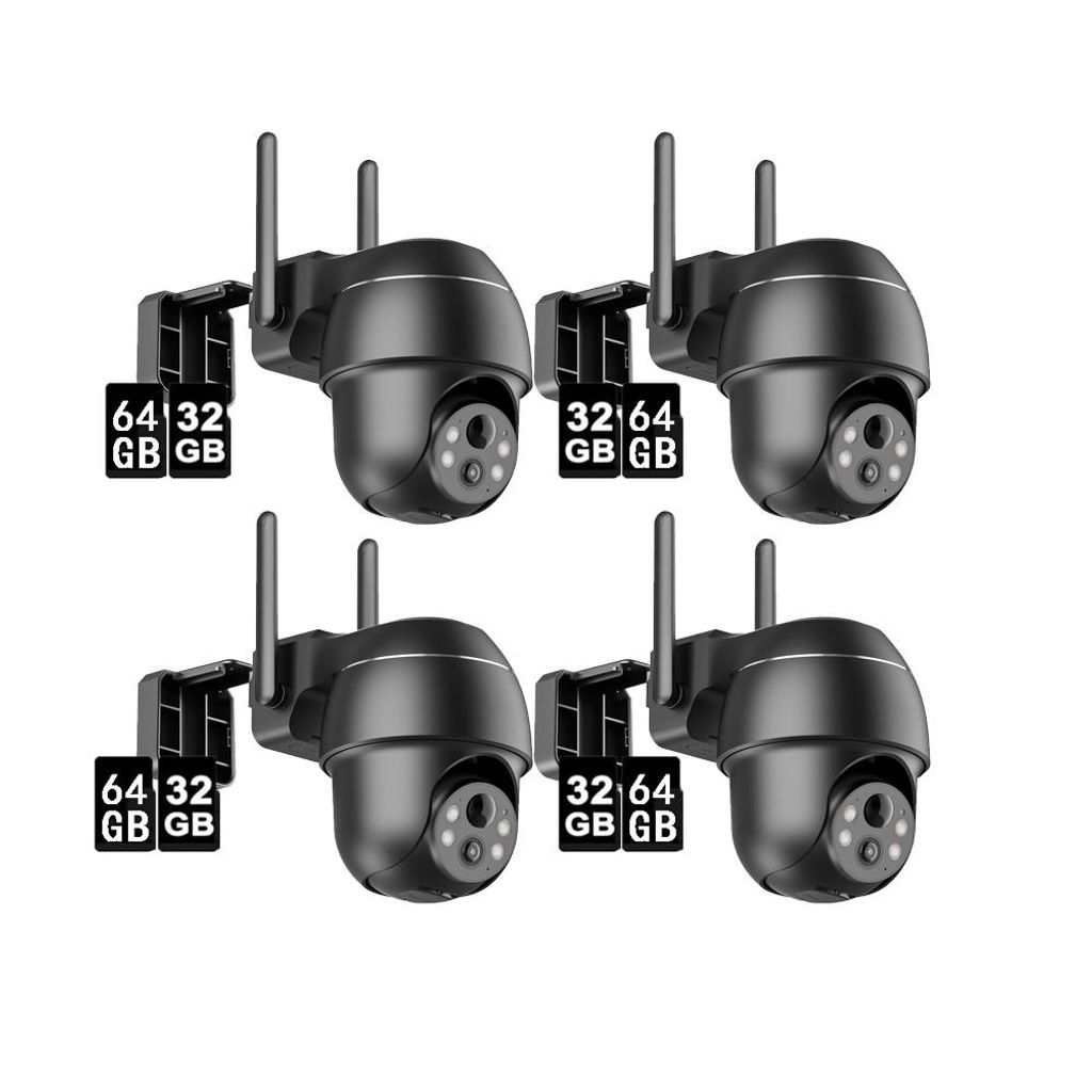 4X Überwachungskamera Aussen WLAN, 360° Schwenkbar 1080P WLAN IP Kamera Outdoor, 32&64GB Speicher Karte, Nachtsicht in Farbe, 2-Wege Audio