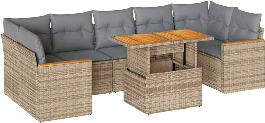 8-tlg. Garten-Sofagarnitur mit Kissen Beige Poly Rattan Akazie