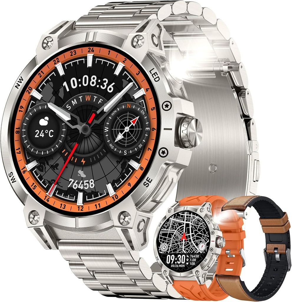 MYSHUN Herren Smartwatch mit Telefonfunktion 1.85 Zoll AMOLED Display 123 Sportmodi 24H Puls/Blutdruck/Schlafmonitor 5ATM Fitness Uhr